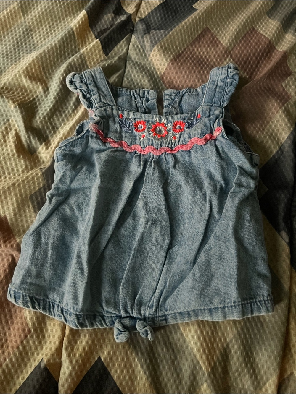 Little Lass Denim Blue Embroidered Denim Romper with Pink Trim
